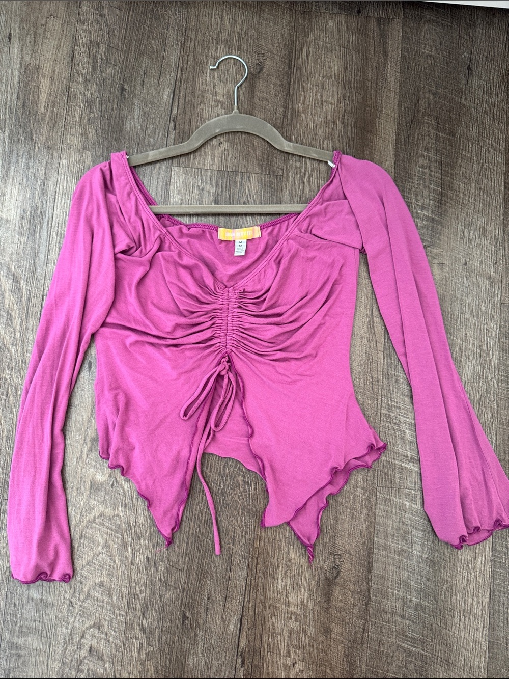 Urban Outfitters Magenta Ruched Tie-Front Long Sleeve Top